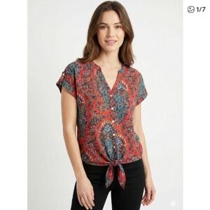 3/$30 Lucky Brand Red Paisley Tie Front Blouse